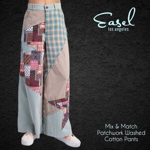 EASEL Patchwork Wide Flared Leg Denim-Like Pants Lightweight 4 Pockets Raw Seams